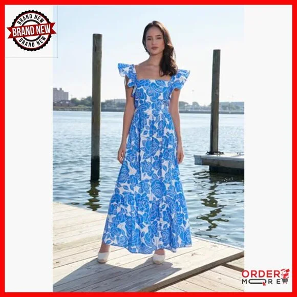 Size 0 Maxi Dress with Square Neck Ruffle Detail Polyester Lined - Picture 6 of 7